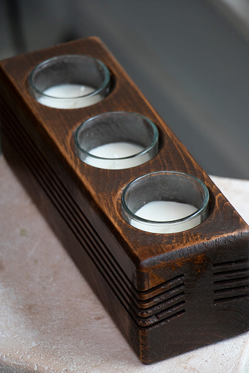 Set with 3 wax candles and wooden holder