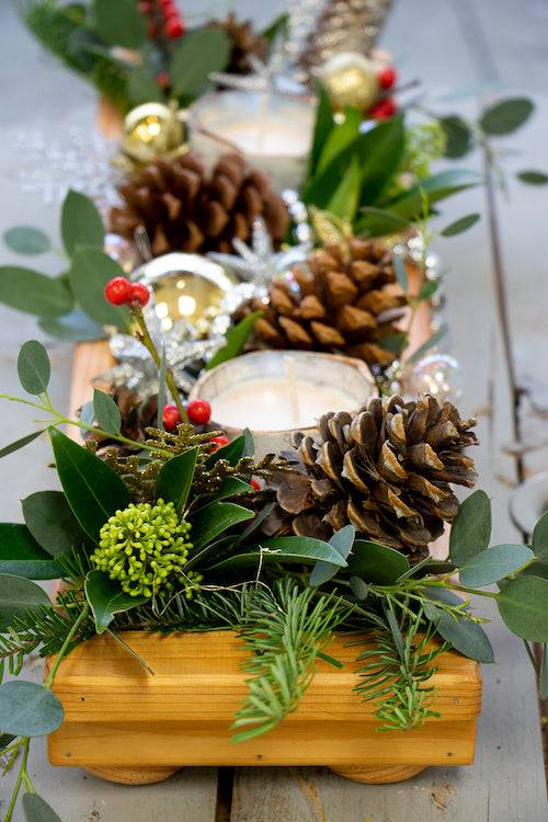 Decorative Wood Riser Box with Round Ball Feet - Farmhouse Candle Centrepiece Tray Riser
